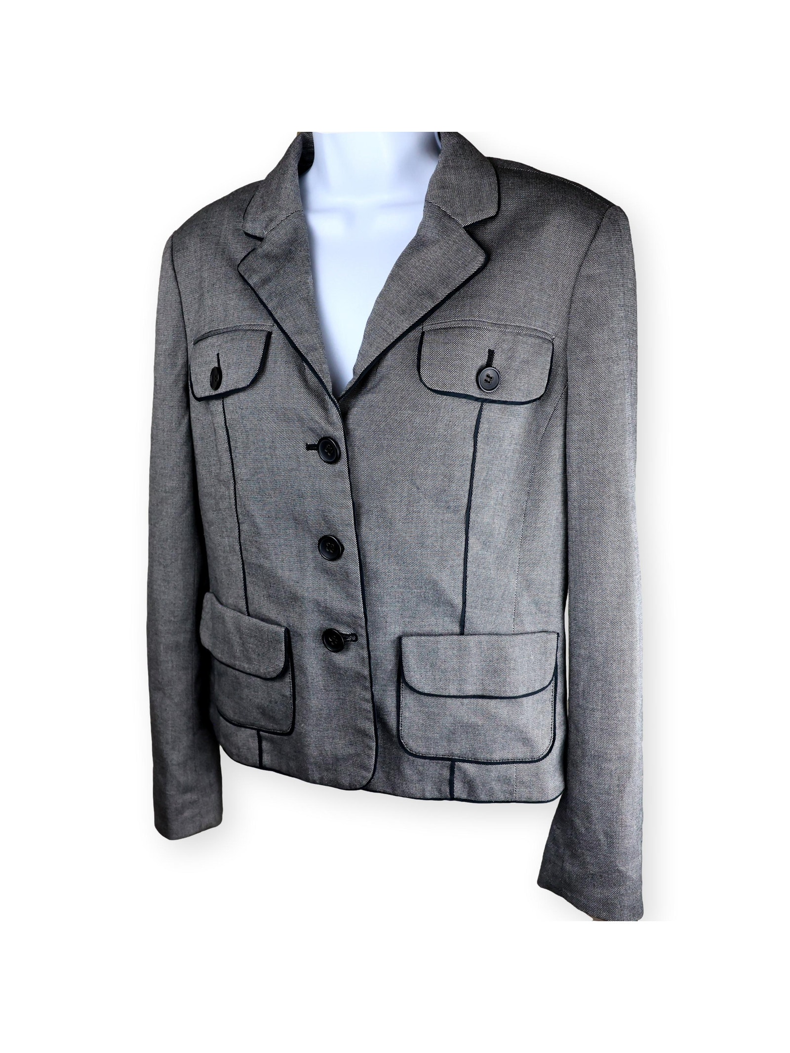 Ann Taylor Loft Gray Blazer Black Piping Peplum Back Size 12